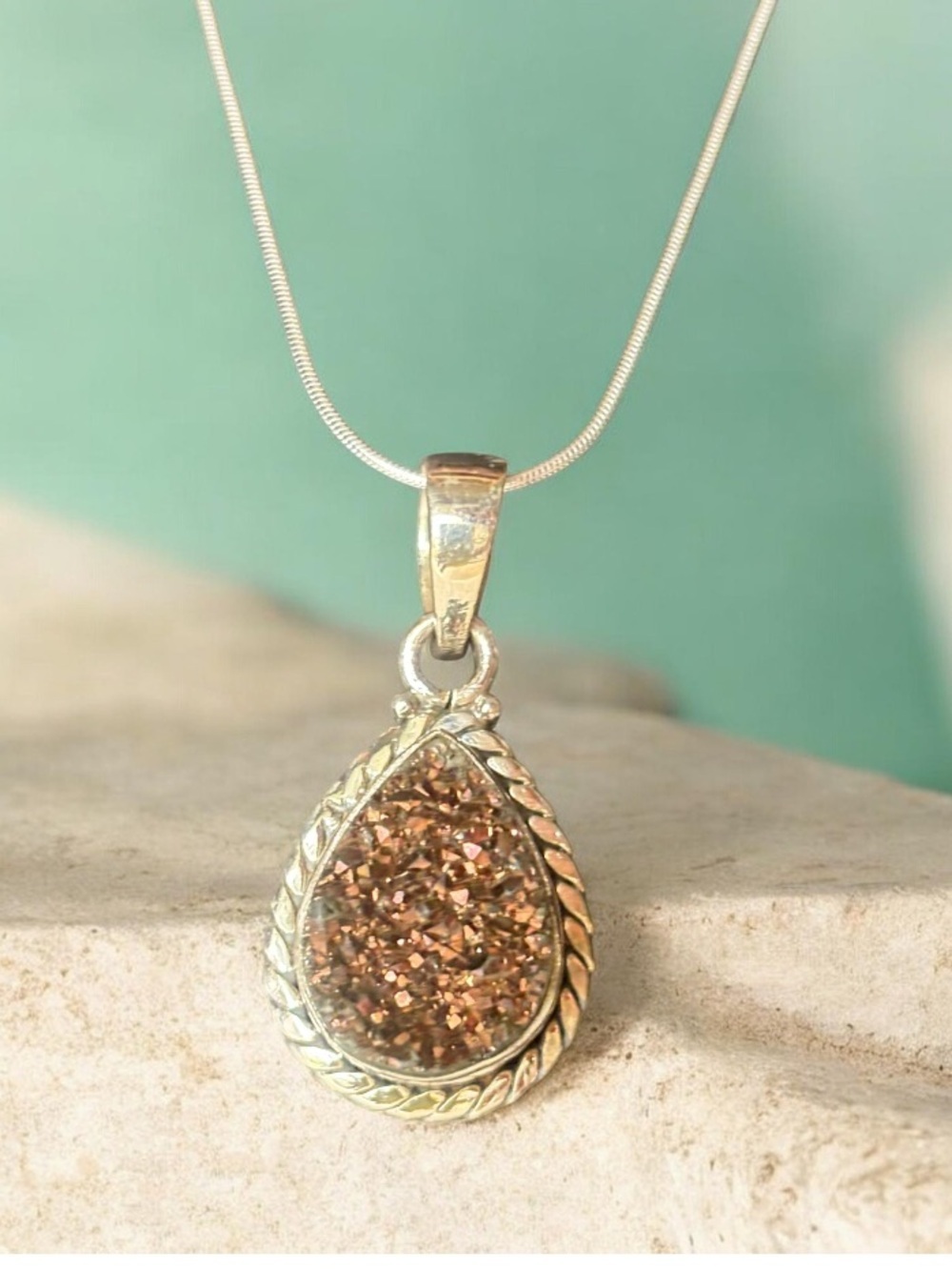 Sterling  Silver and Copper Teardrop  Druzy Necklace Pendant  NWOT
